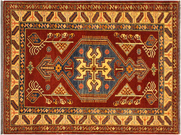 handmade Geometric Super Kazak Rust Tan Hand Knotted RECTANGLE 100% WOOL area rug 4x5